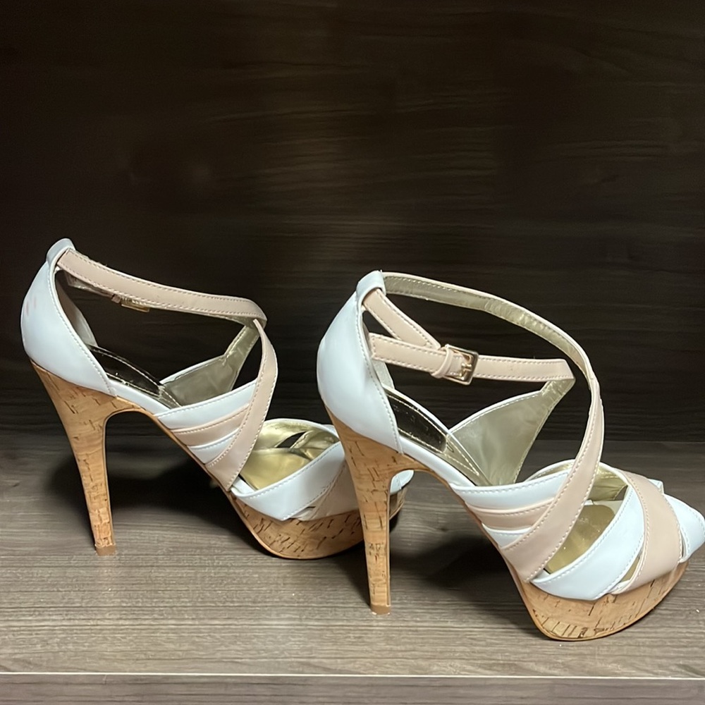 GUESS Strappy White Nude Cork Platform Heels Size 6